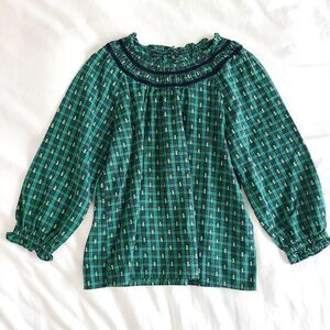 Talbots Blouse Top Women's Size Medium Green Plaid Ruffle Neck Balloon Sleeve
